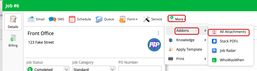 ServiceM8 job card showing where to find All Attachments under More > Addons