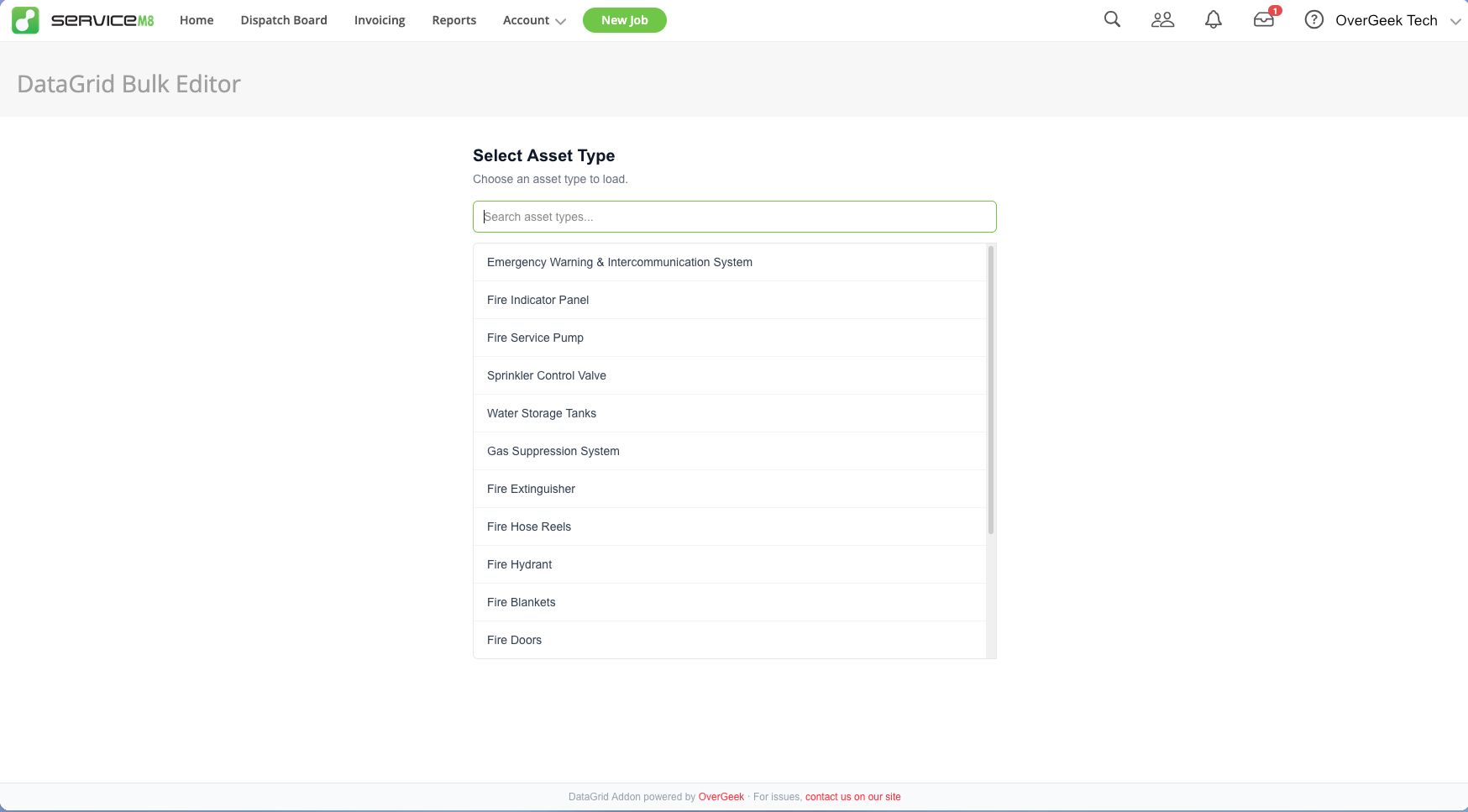 DataGrid asset type selection showing fire safety equipment types