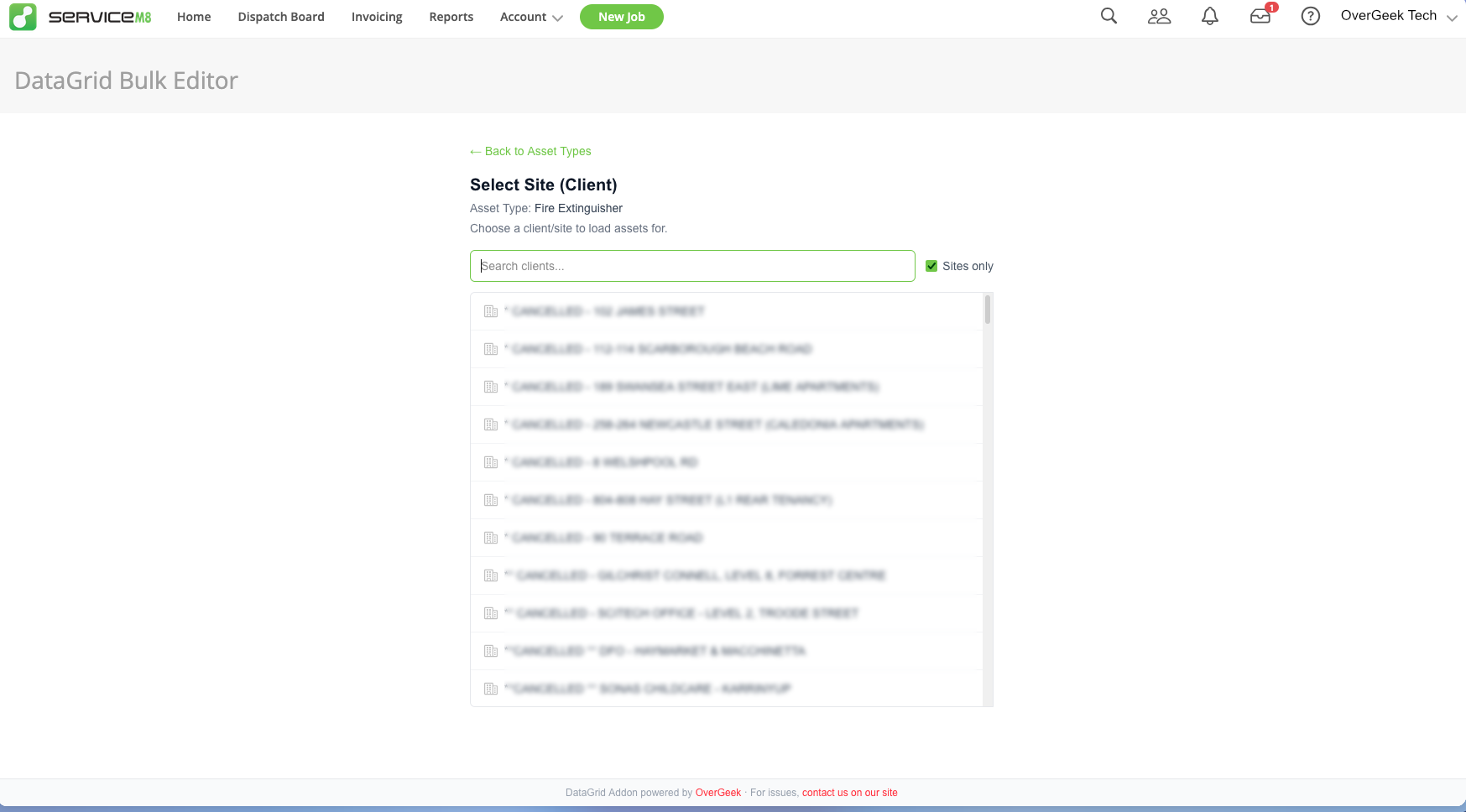 DataGrid site selection with search and filter