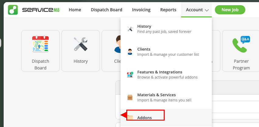 ServiceM8 Account menu showing the Addons option