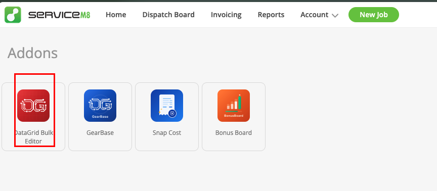 ServiceM8 Addons page showing DataGrid Bulk Editor icon