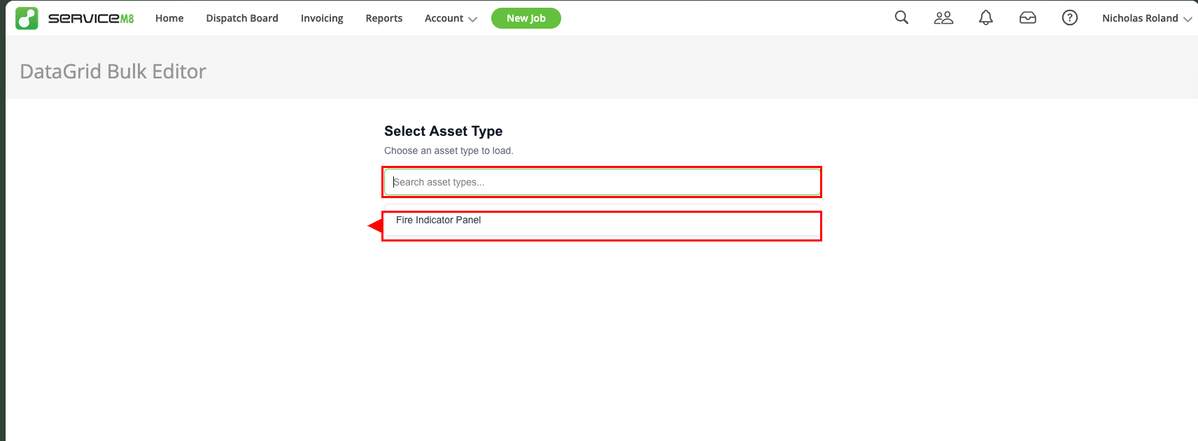 DataGrid asset type selection screen with search bar