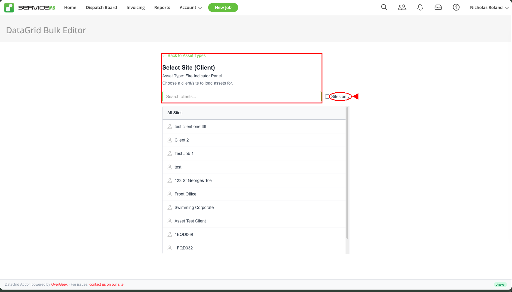 DataGrid site selection screen with search and Sites only filter