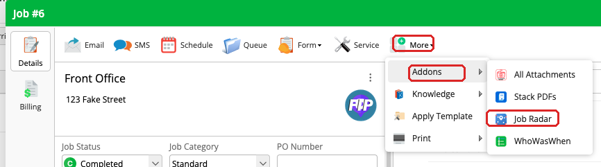 ServiceM8 job card showing where to find Job Radar under More > Addons