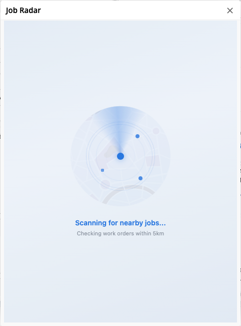 Job Radar showing work orders at this site and nearby jobs sorted by distance