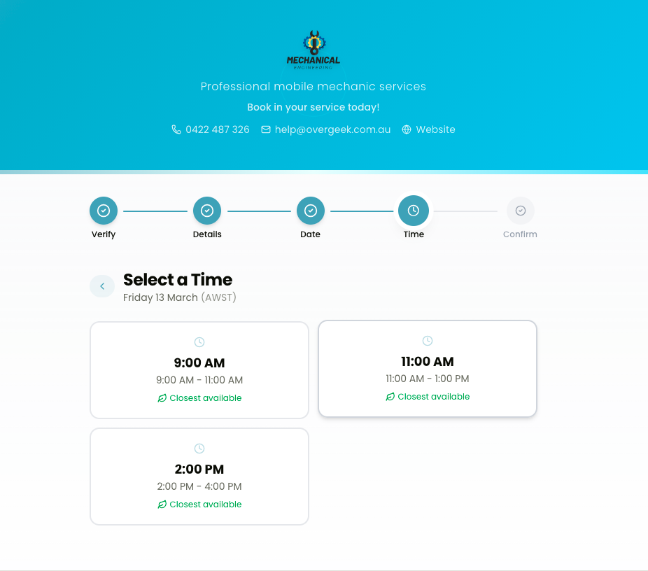 Customer booking view showing available time slots to choose from