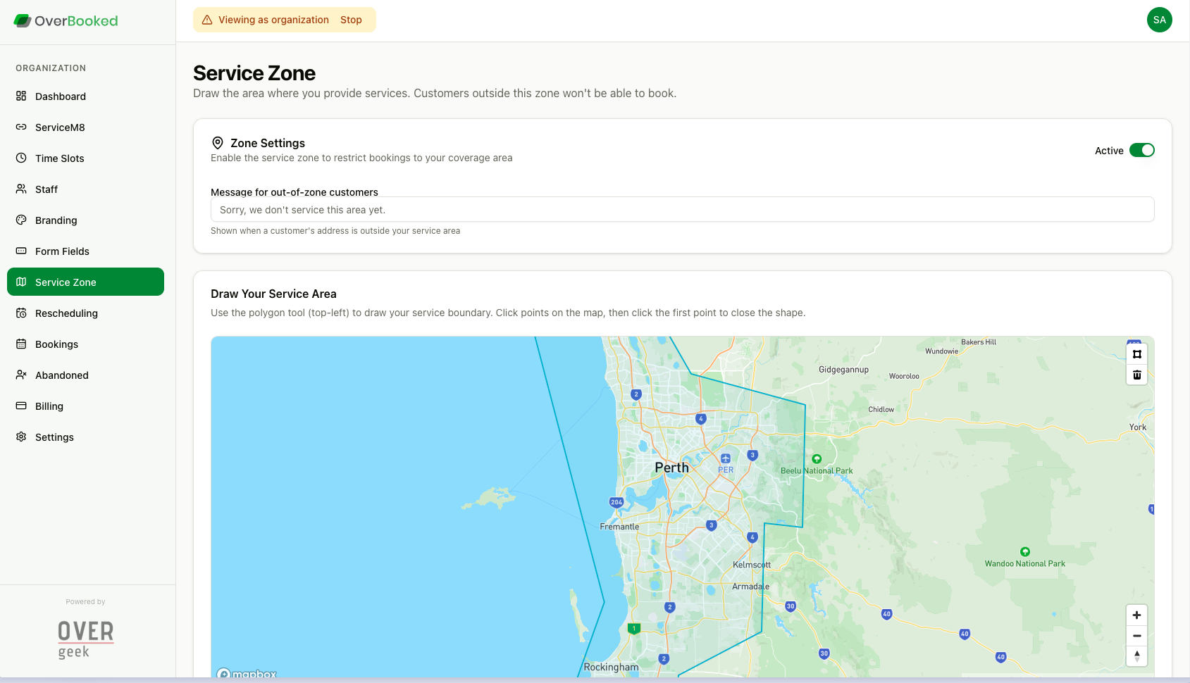 OverBooked service zone map showing coverage area