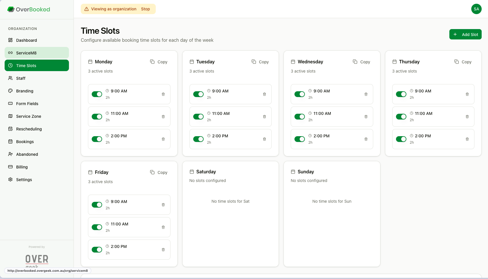 OverBooked time slot configuration showing weekly schedule with customisable slots