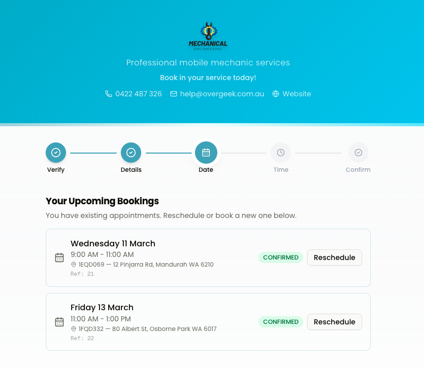 Customer view showing upcoming bookings with reschedule options
