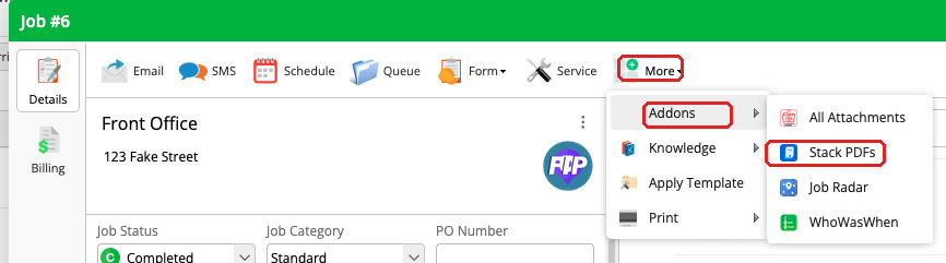 ServiceM8 job card showing where to find Stack PDFs under More > Addons