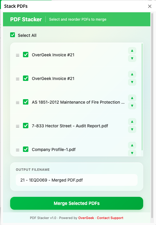 PDF Stacker showing a list of PDFs with checkboxes to select