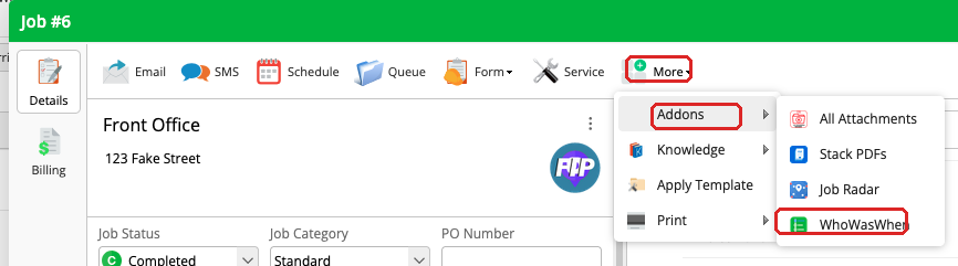 ServiceM8 job card showing where to find WhoWasWhen under More > Addons