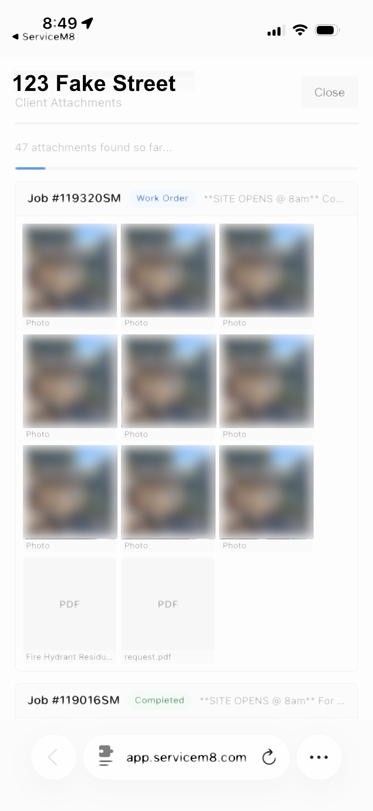 All Attachment Viewer on mobile showing photos and PDFs for a site