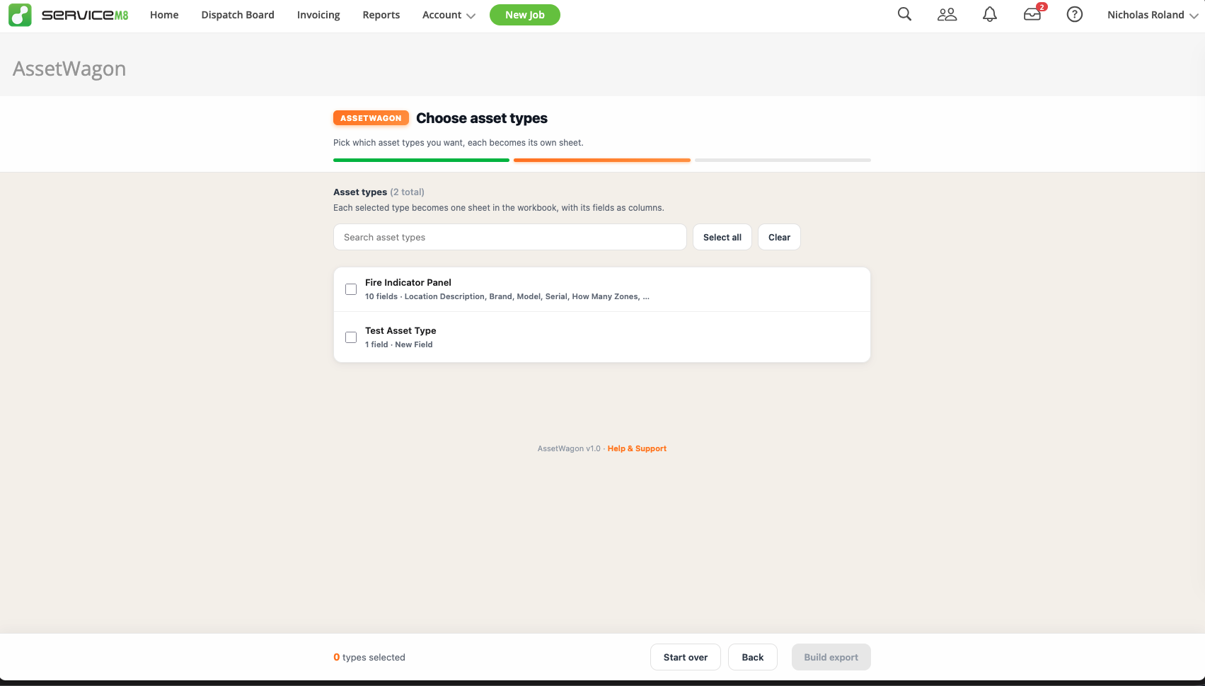 AssetWagon step 2 showing the asset types list with field counts and previews