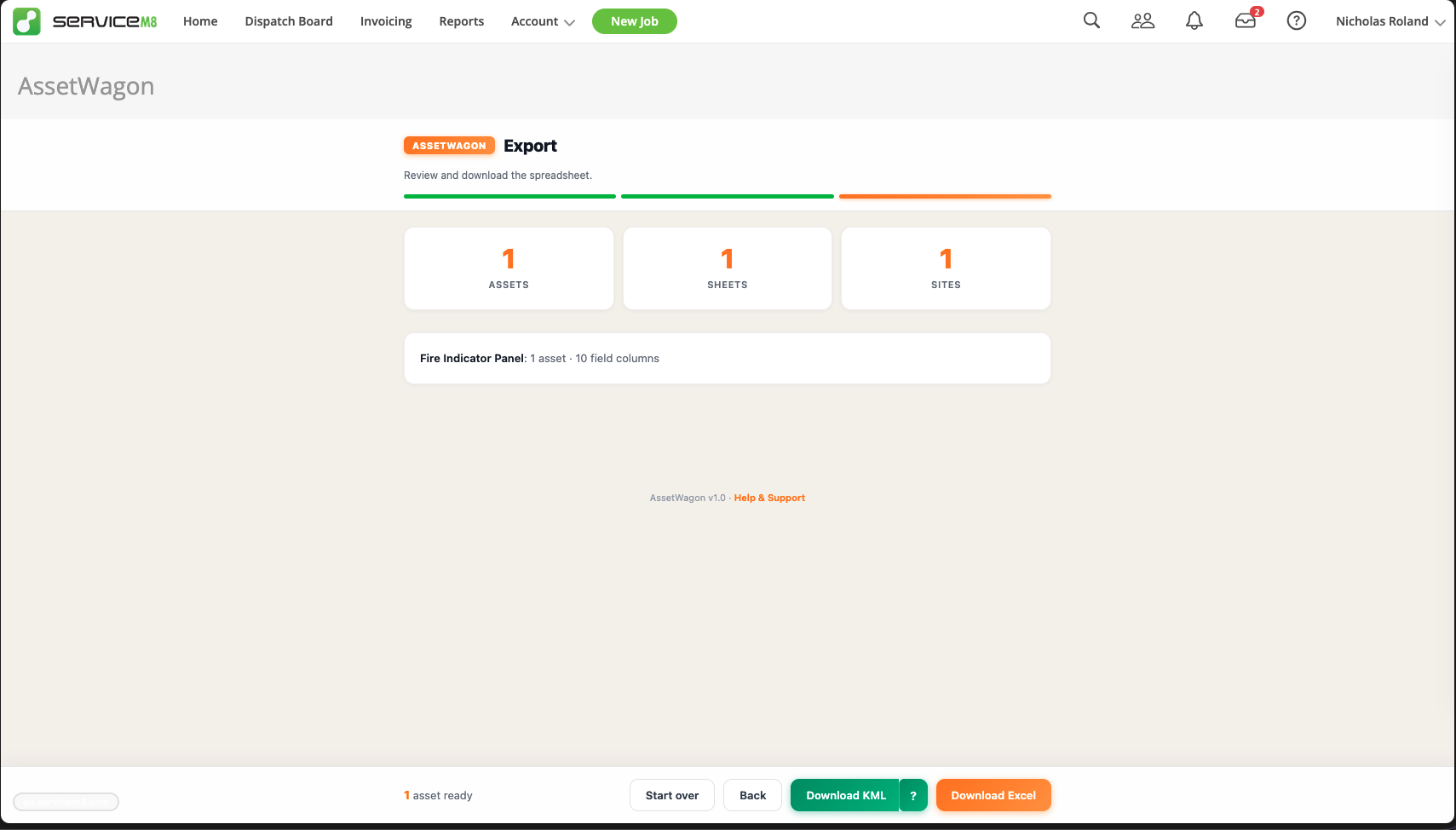 AssetWagon step 3 export summary showing asset count, sheet count, site count and download buttons