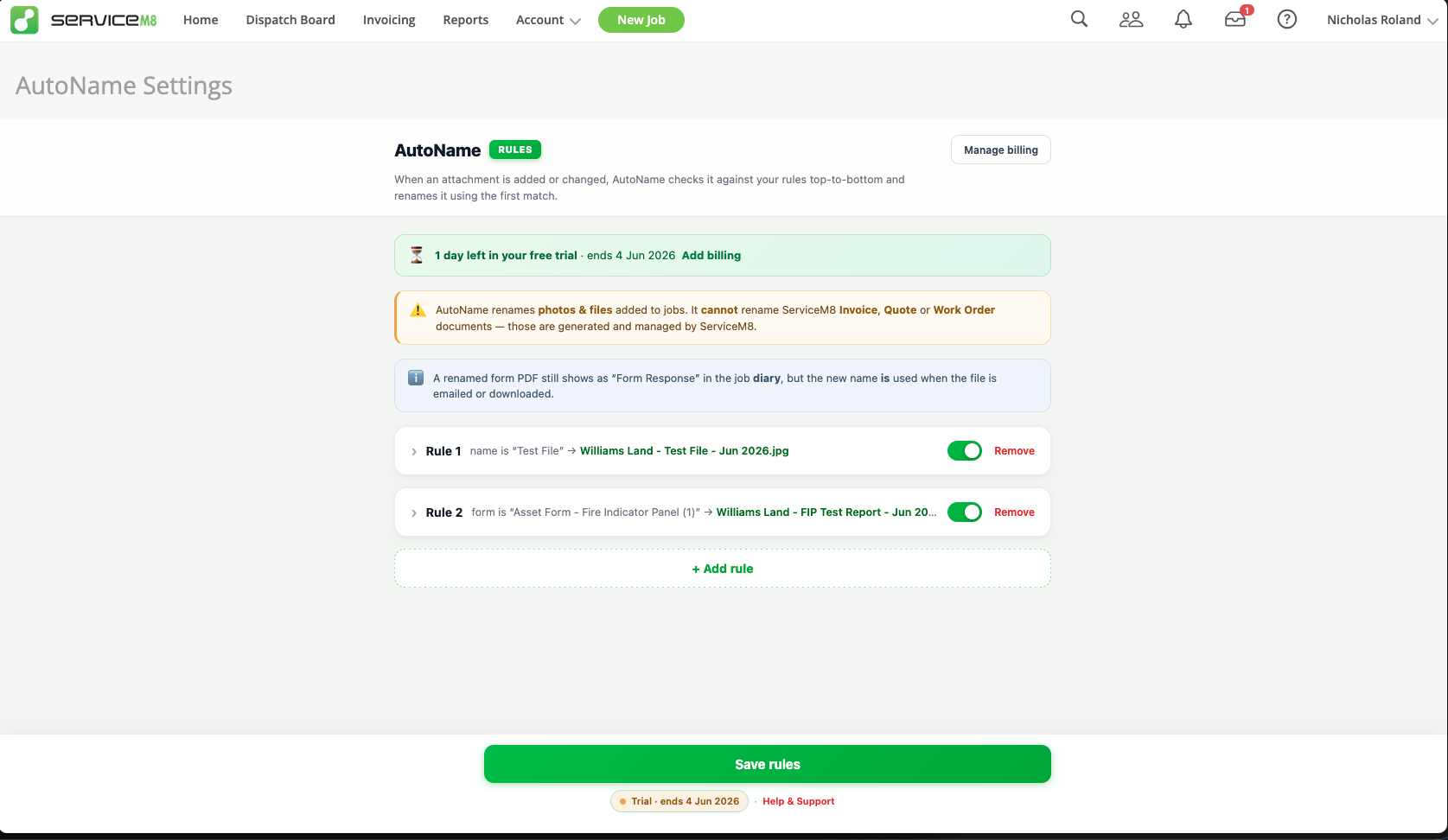AutoName settings page inside ServiceM8 showing two rename rules and the trial countdown