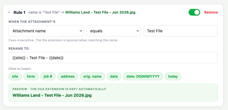 AutoName rule editor showing a match clause, template, token chips and a live preview