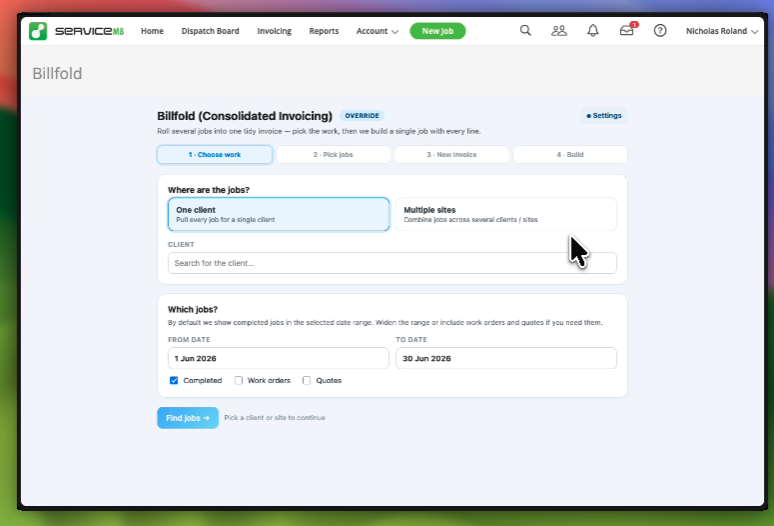 Billfold step 1 &mdash; choose the work to consolidate by client or multiple sites, with date range and filters