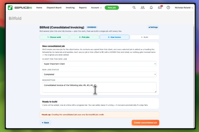 Billfold step 3 &mdash; configure the new consolidated job with client, status and auto-populated description