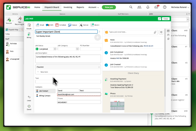 The final consolidated ServiceM8 job with notes linking back to each source job
