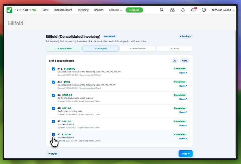 Billfold step 2 &mdash; tick which jobs to consolidate from the matched list