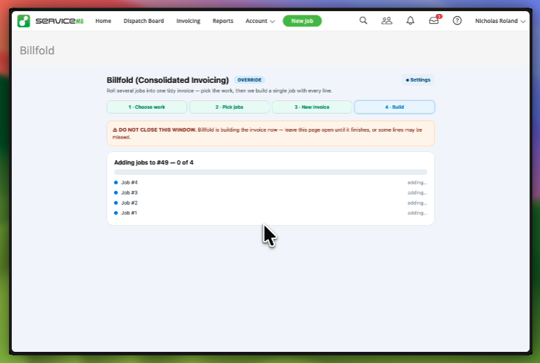 Billfold step 4 &mdash; live build progress as each source job is added to the new consolidated job