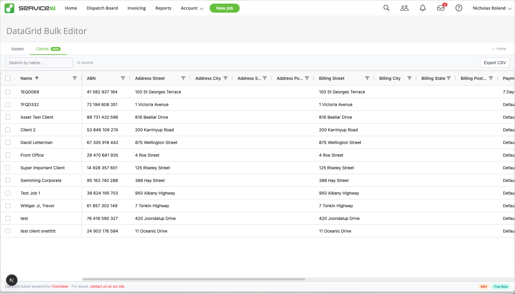 DataGrid Clients view showing the spreadsheet with client name, ABN, address, billing and payment columns