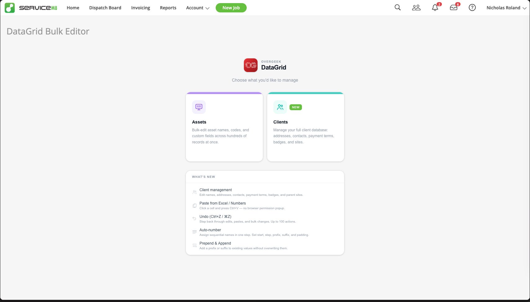 DataGrid landing page showing Assets and Clients tiles plus What's New panel