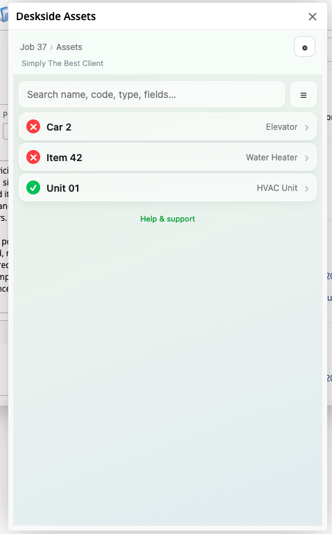 DeskSide Assets list view showing every asset on the job&rsquo;s site with green tick / red cross status indicators