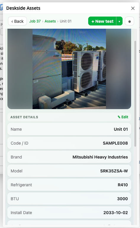 DeskSide Assets asset detail view showing the asset photo, custom fields and inspection metadata