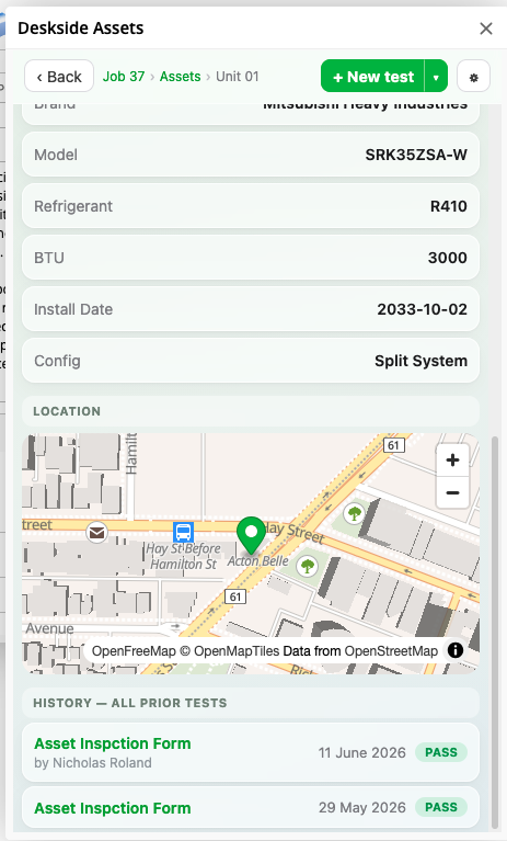 DeskSide Assets detail continued &mdash; map location and history of all prior tests on this asset across every job