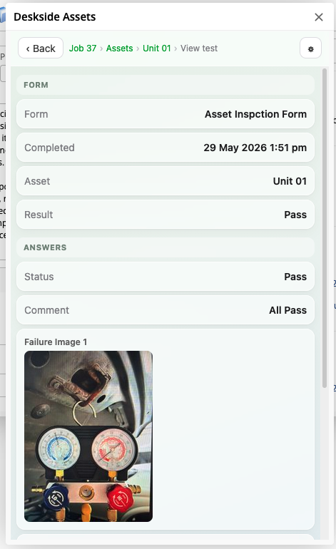 DeskSide Assets viewing a single prior test &mdash; form name, completion timestamp, asset, result and answers including a captured failure image