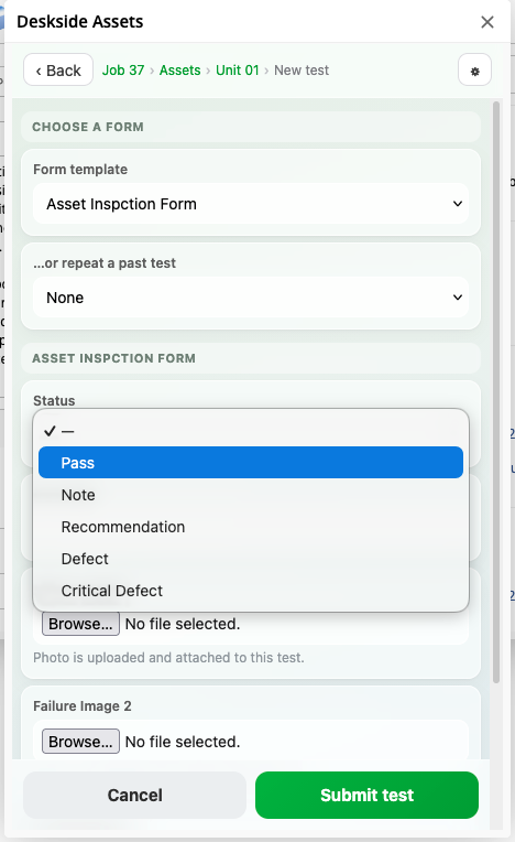 DeskSide Assets new-test workflow &mdash; choose a form template or repeat a past test, then fill in the answers