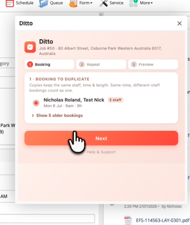 Ditto step 1 &mdash; pick the booking to duplicate, showing multi-staff bookings as a single row