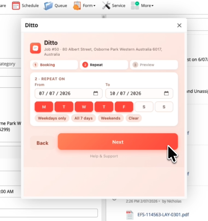 Ditto step 2 &mdash; pick a date range and tick which weekdays to include, with Weekdays only / All 7 days / Weekends / Clear presets