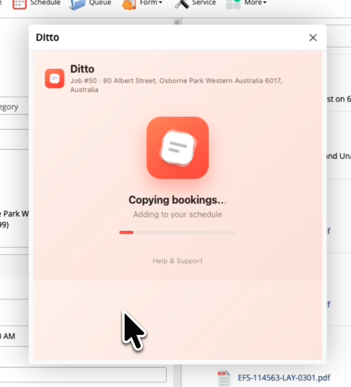 Ditto copying bookings &mdash; progress screen while it adds the new bookings to the ServiceM8 schedule