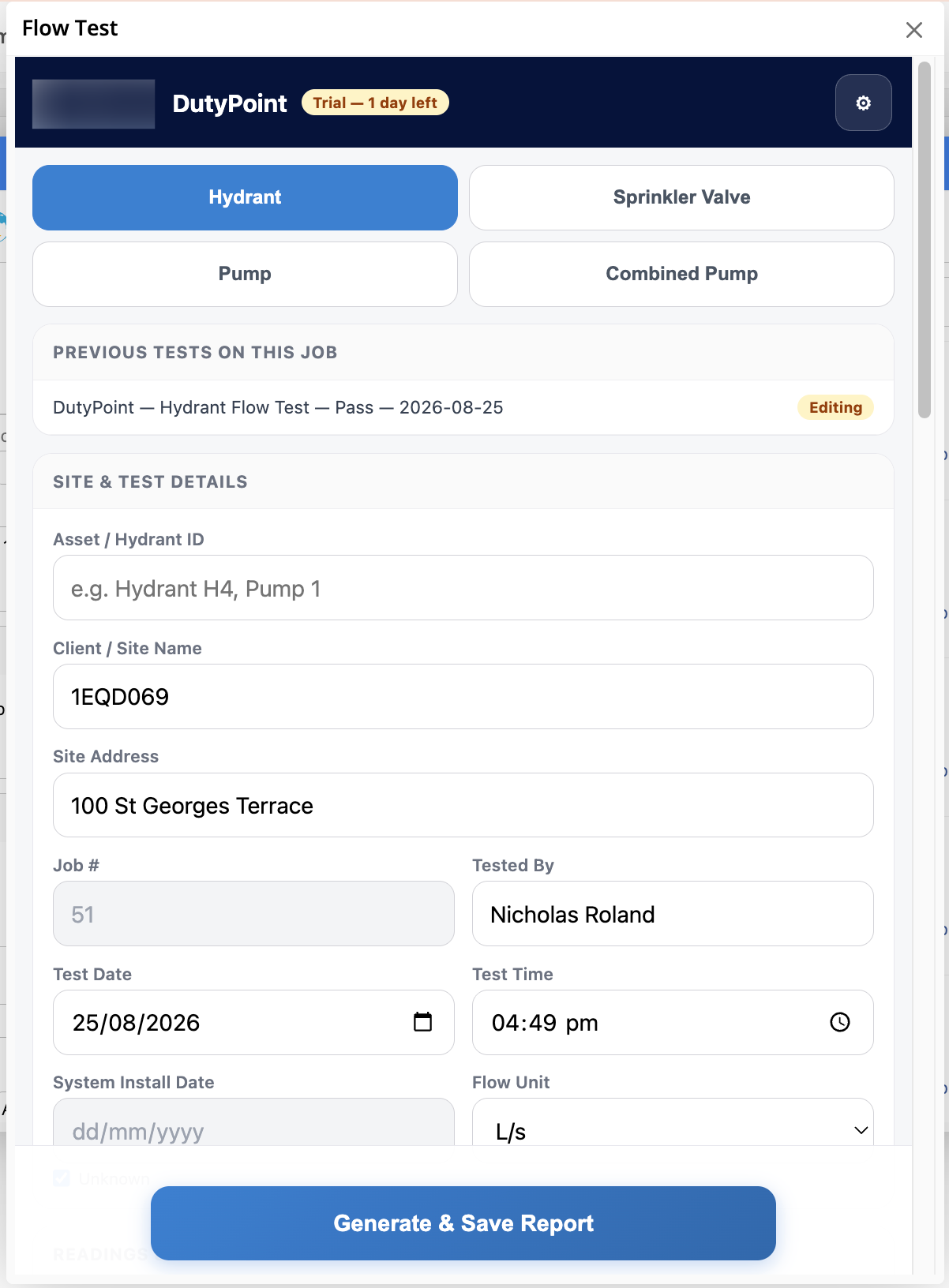 DutyPoint flow test form inside ServiceM8 &mdash; test type picker, site details prefilled from the job, readings entry