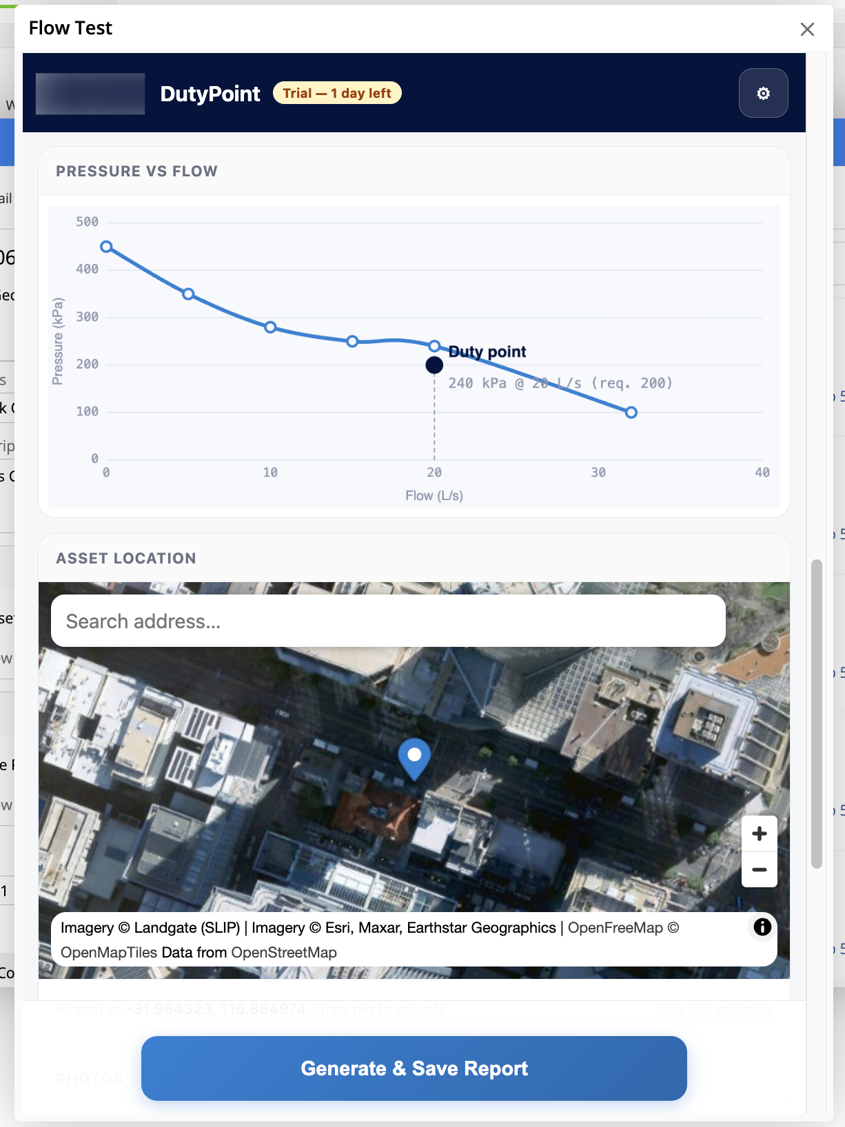 DutyPoint pressure-vs-flow curve with duty point marker, plus satellite map with drop-pin for the hydrant location
