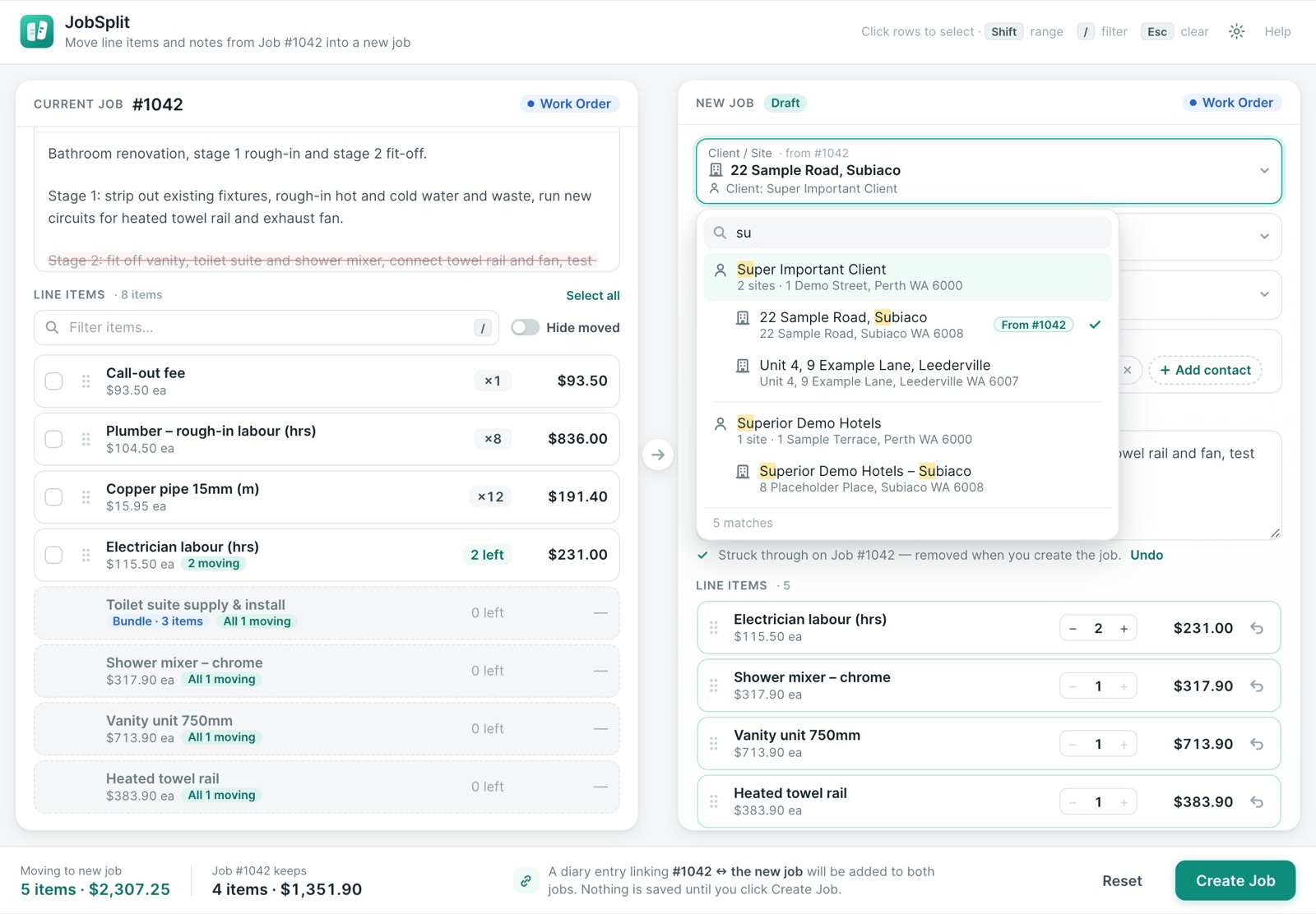 The JobSplit client and site picker searching clients and sites