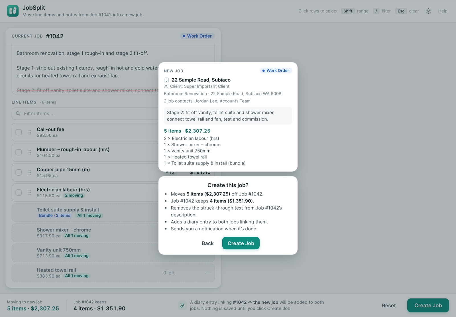 JobSplit preview of the new job with a summary of what changes on the original job