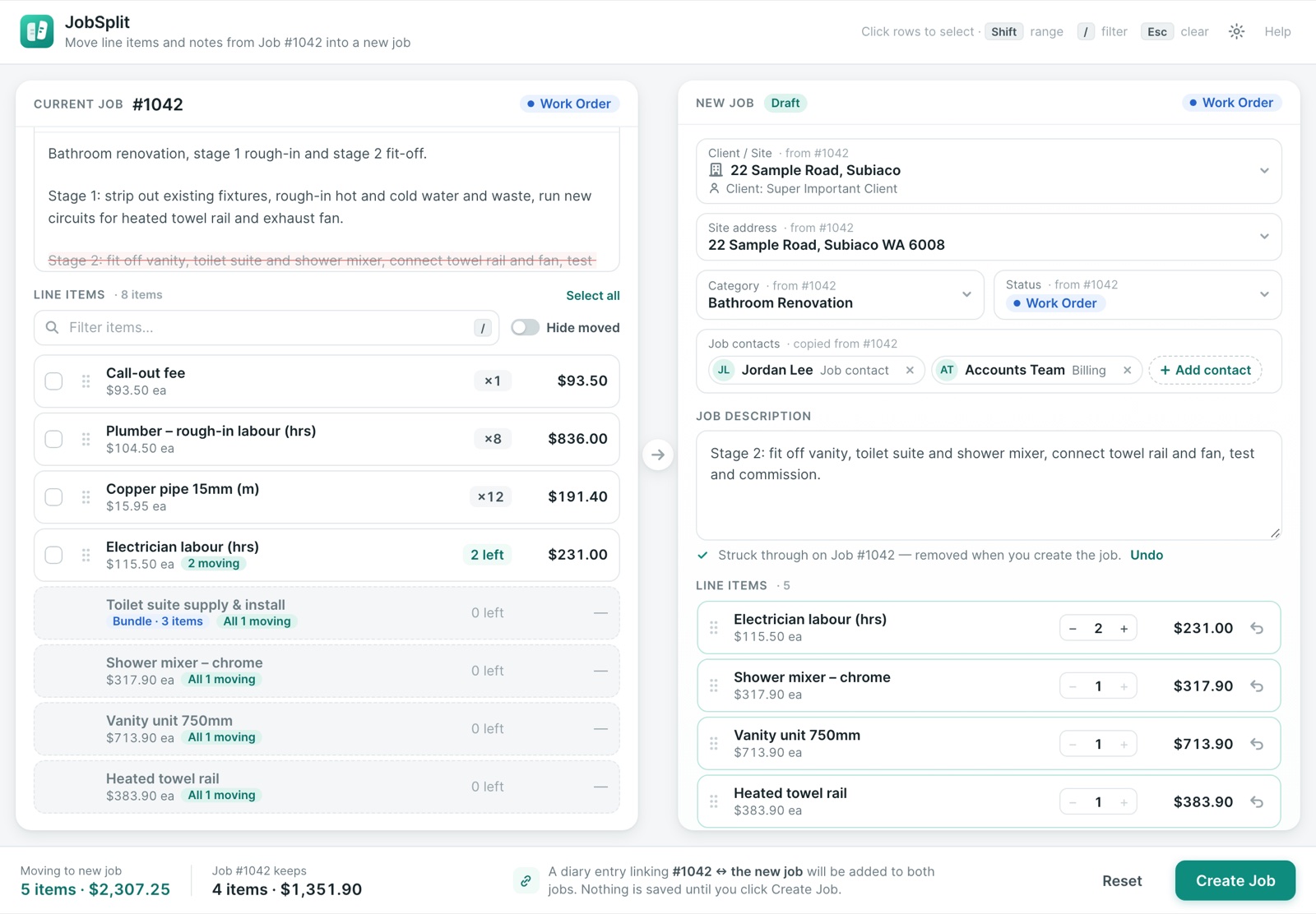JobSplit with the original job on the left and the new job on the right, with lines, a bundle and part of the description moved across