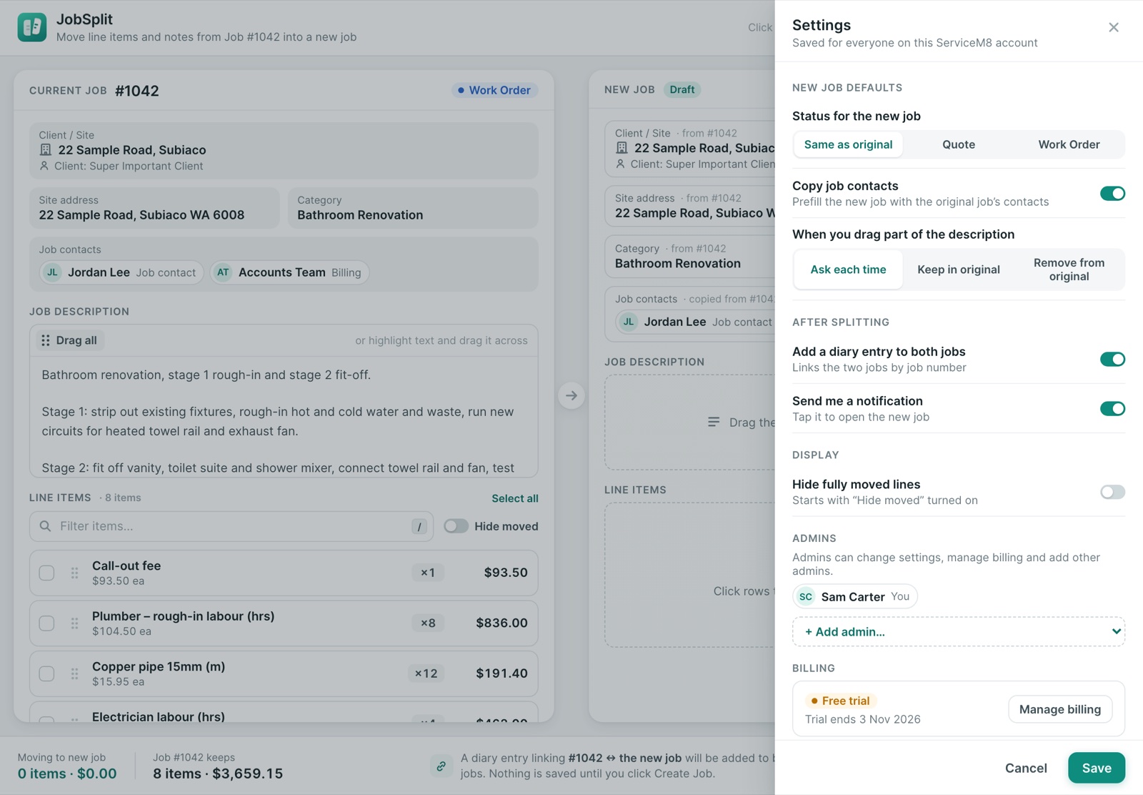 JobSplit settings: new job status, copy contacts, description handling, diary entries, notifications and admins