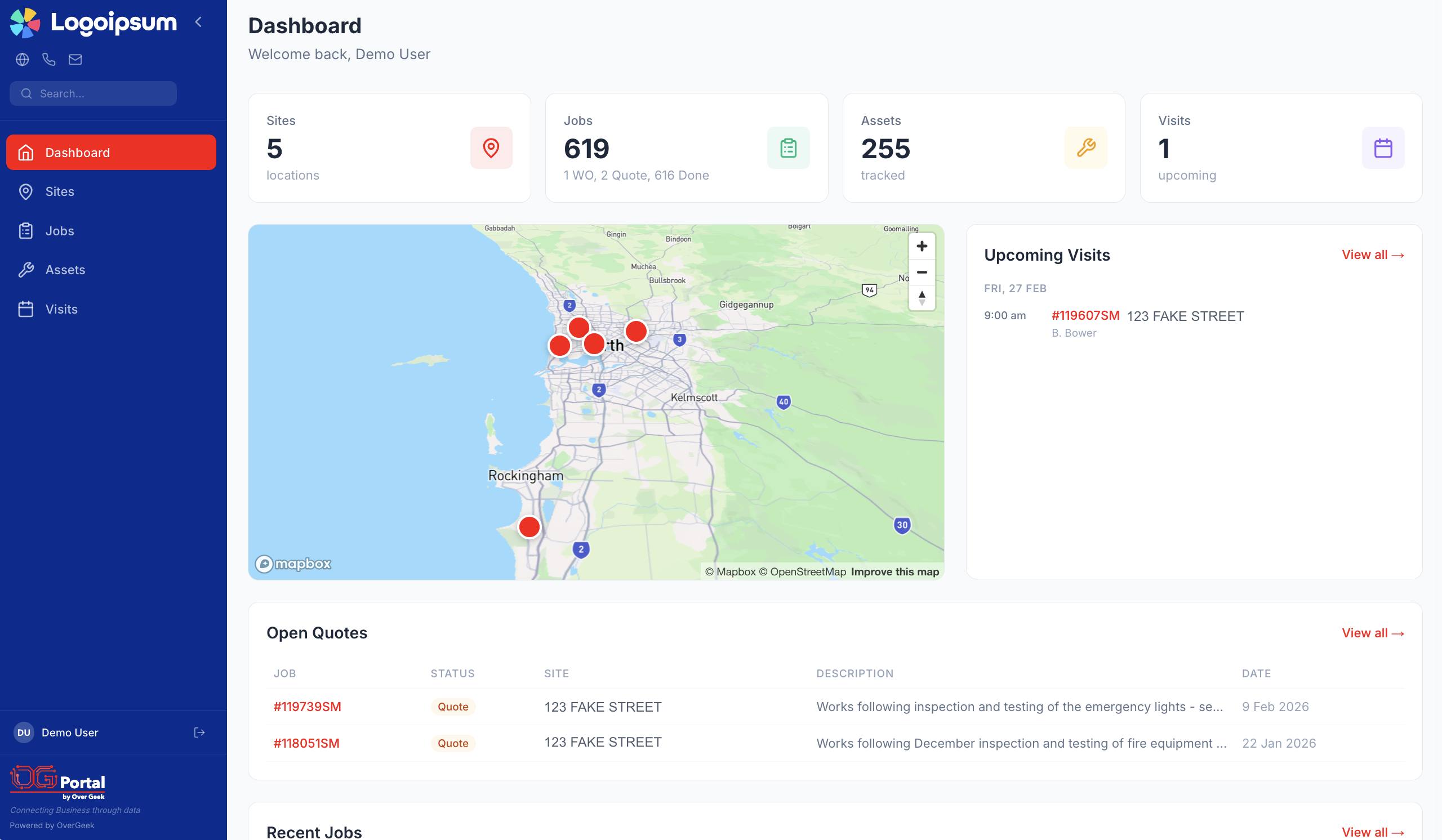 OG Portal dashboard showing sites, jobs, assets and a map overview
