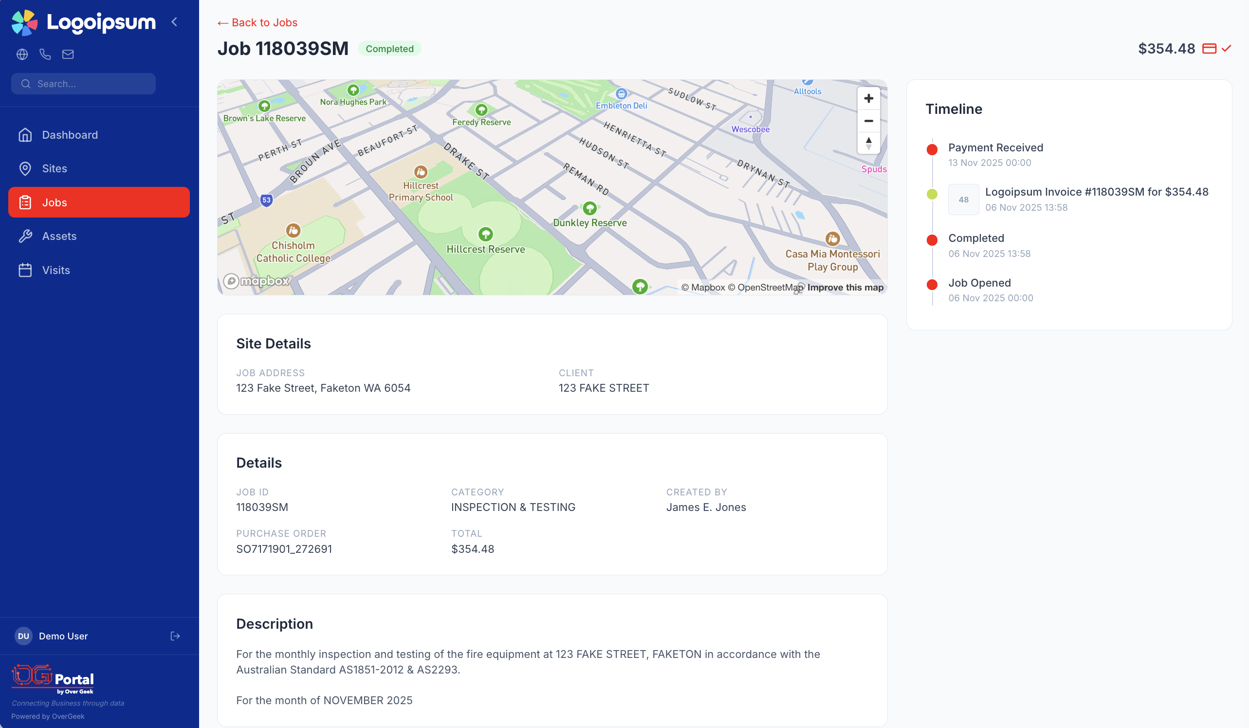 OG Portal job detail view with timeline, site details and description