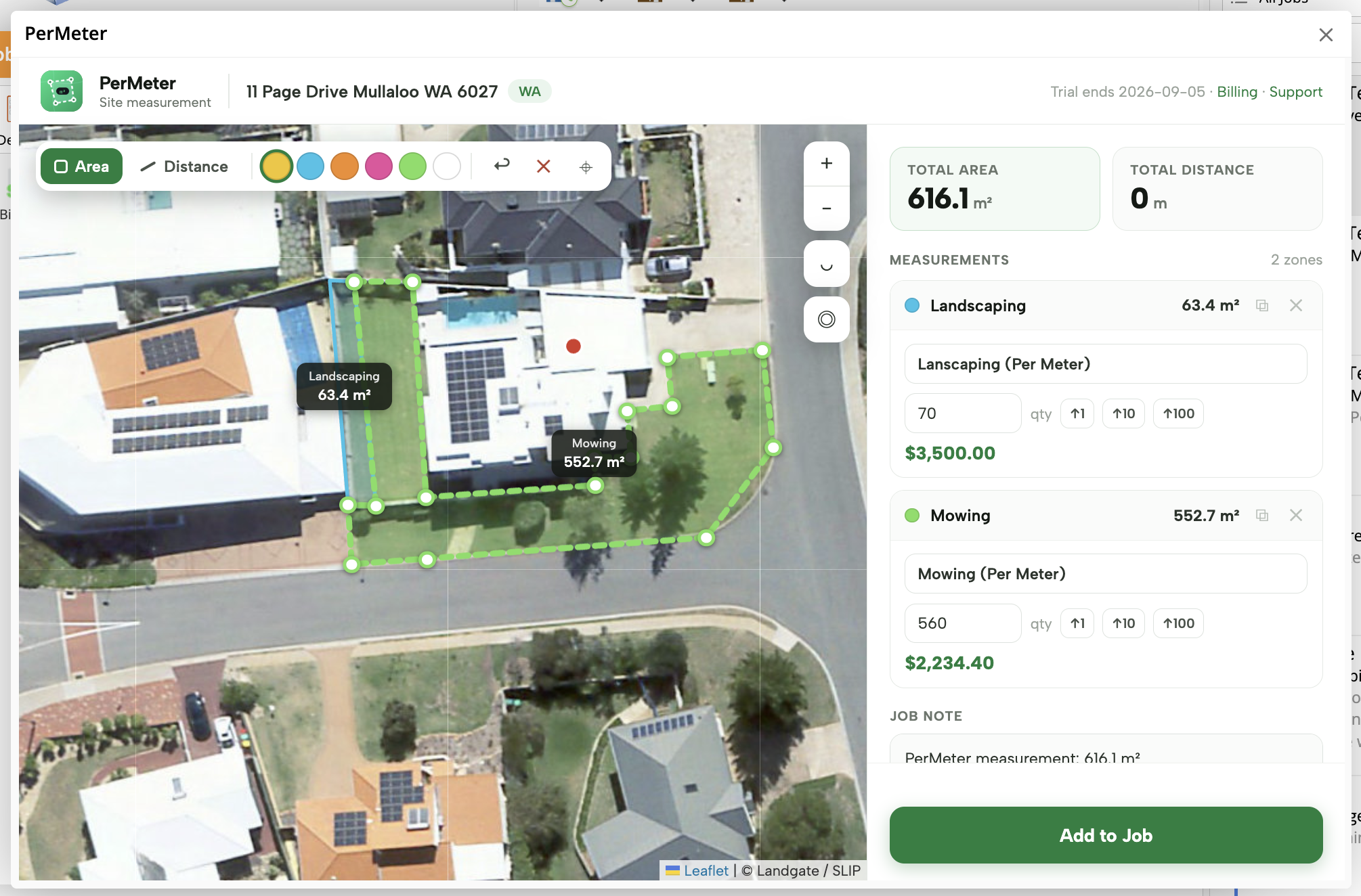 PerMeter running in a ServiceM8 job &mdash; two zones drawn on aerial imagery (Landscaping 63.4m&sup2;, Mowing 552.7m&sup2;) with live area totals and linked materials in the right panel