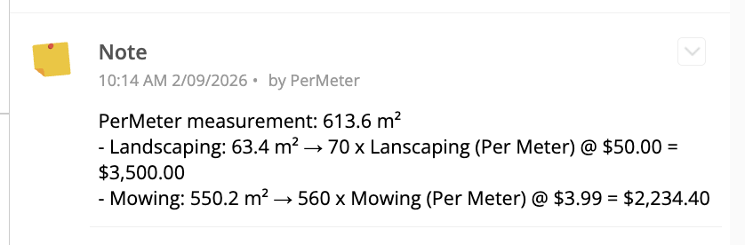PerMeter summary note in the ServiceM8 job diary &mdash; total area, zones, materials, quantities and dollar value