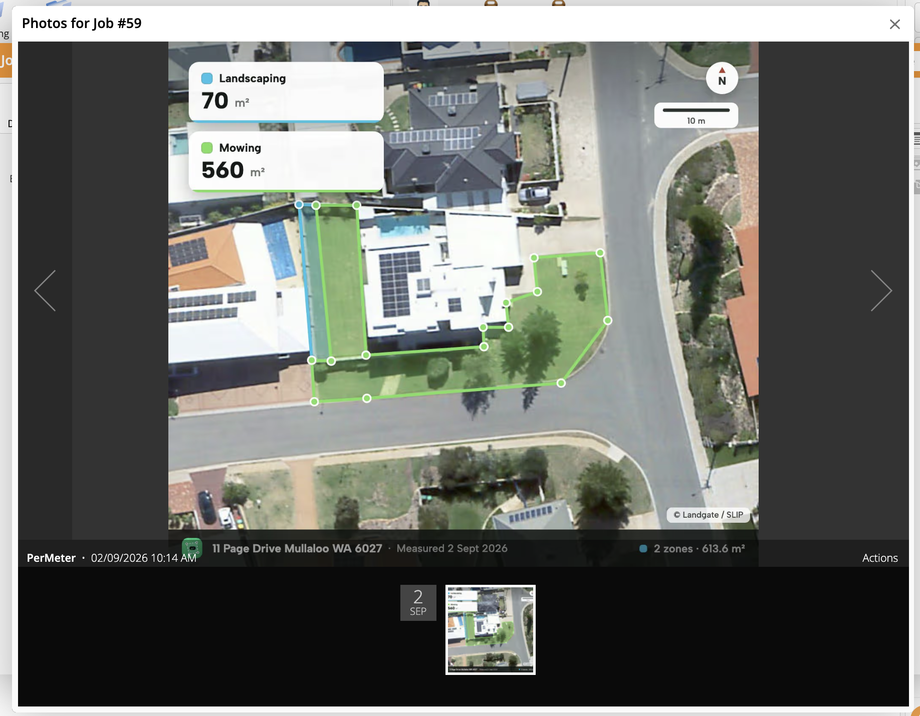 Site markup depicting the area serviced &mdash; aerial view attached to the ServiceM8 job's photos with zone callouts (Landscaping 70m&sup2;, Mowing 560m&sup2;), north arrow, scale bar and PerMeter branding footer
