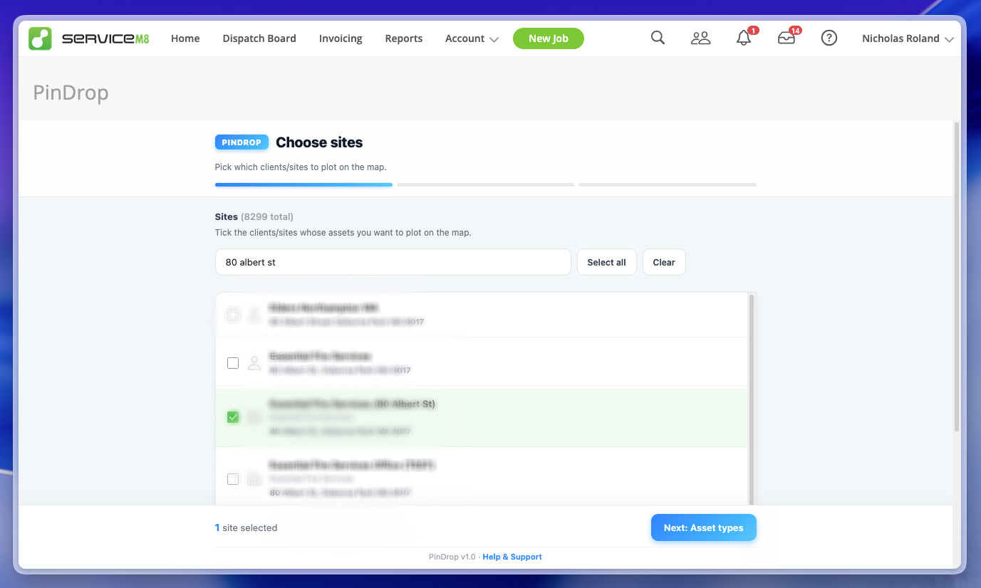 PinDrop wizard step one: choose sites