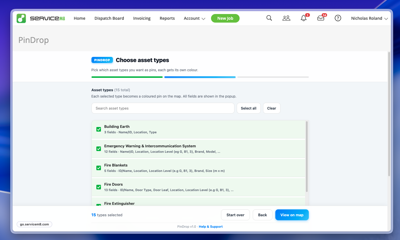 PinDrop wizard step 2 showing the asset type picker with field previews
