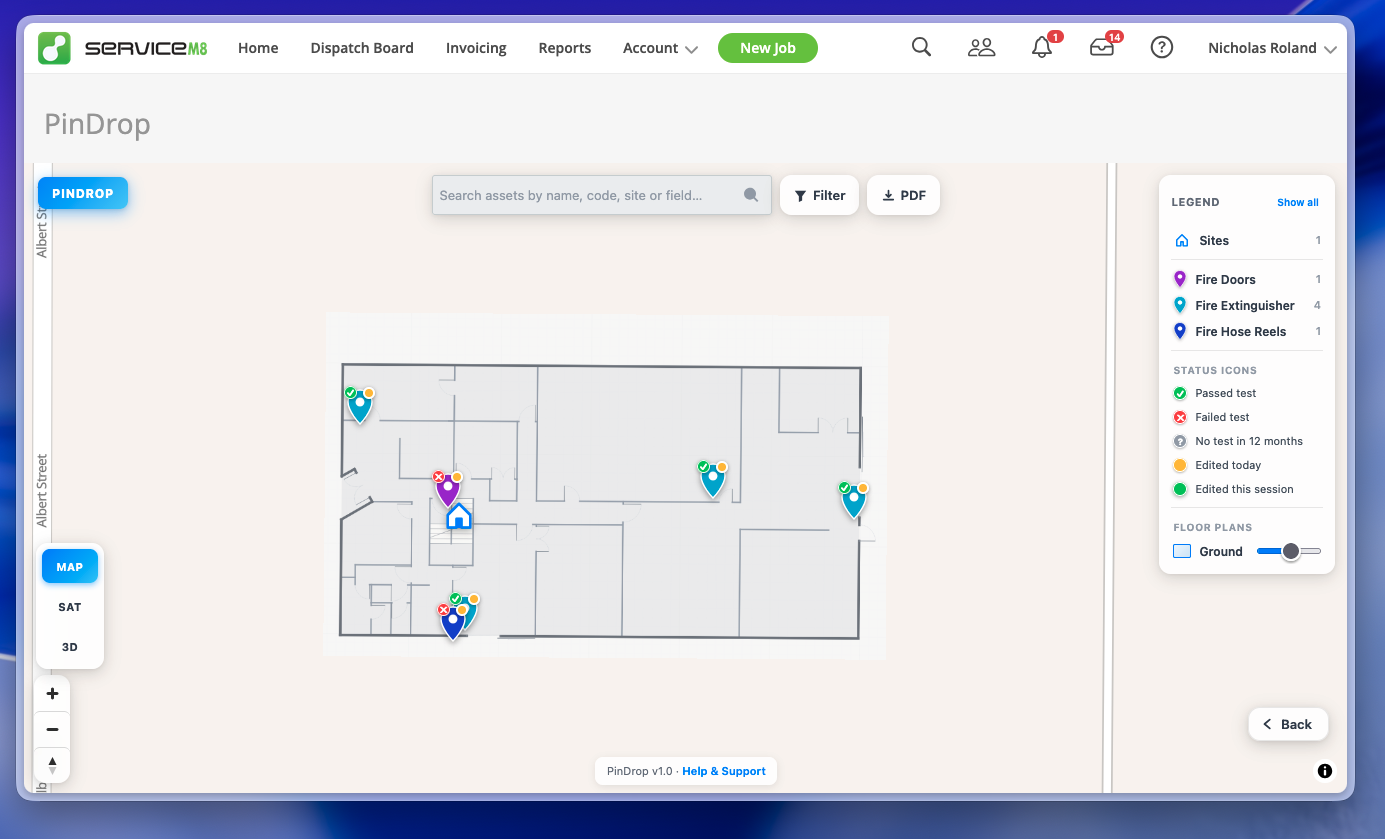 PinDrop showing an asset map with floor plan overlay